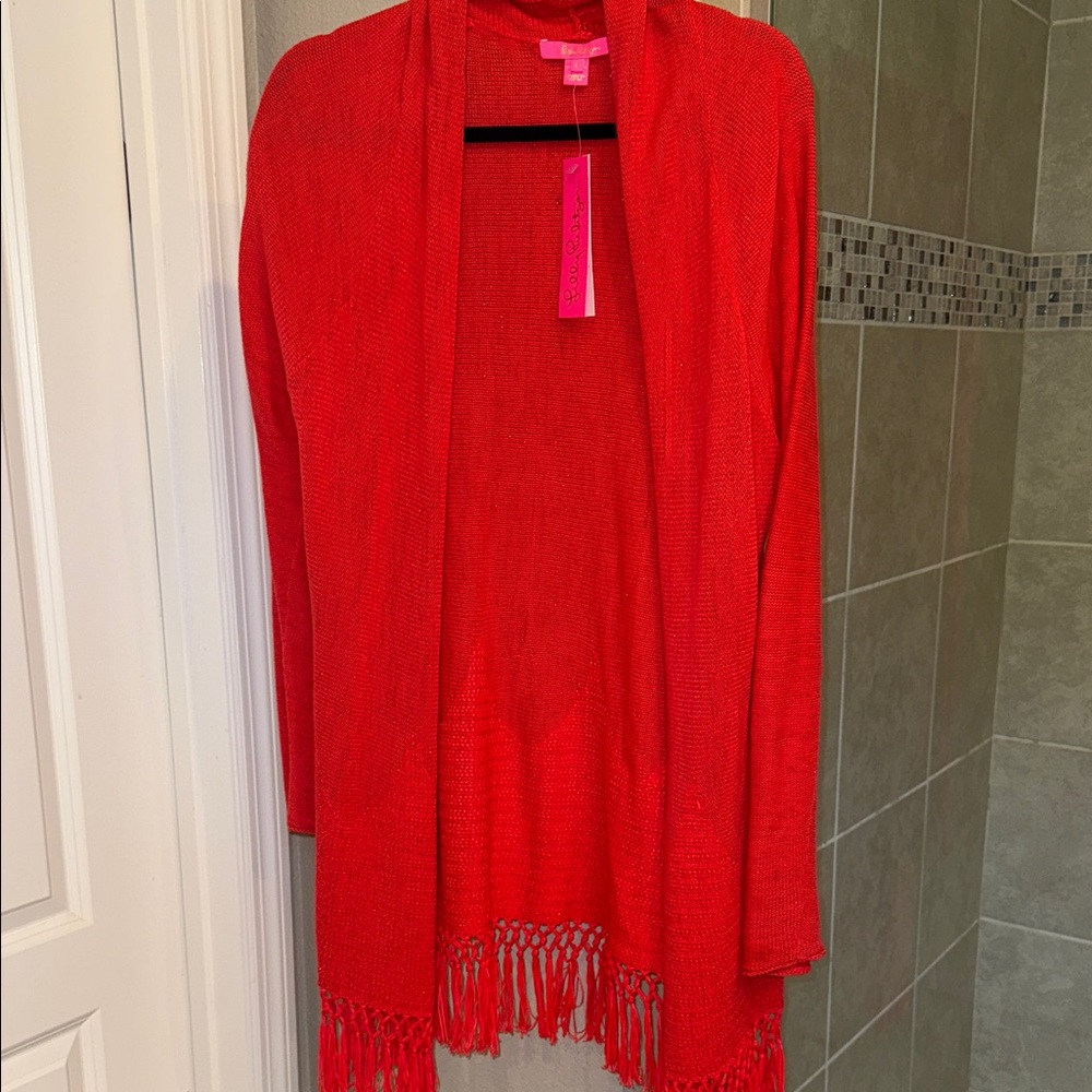 Lilly Pulitzer Tatum Cardigan Ruby Red Metallic Size Large New with Tags